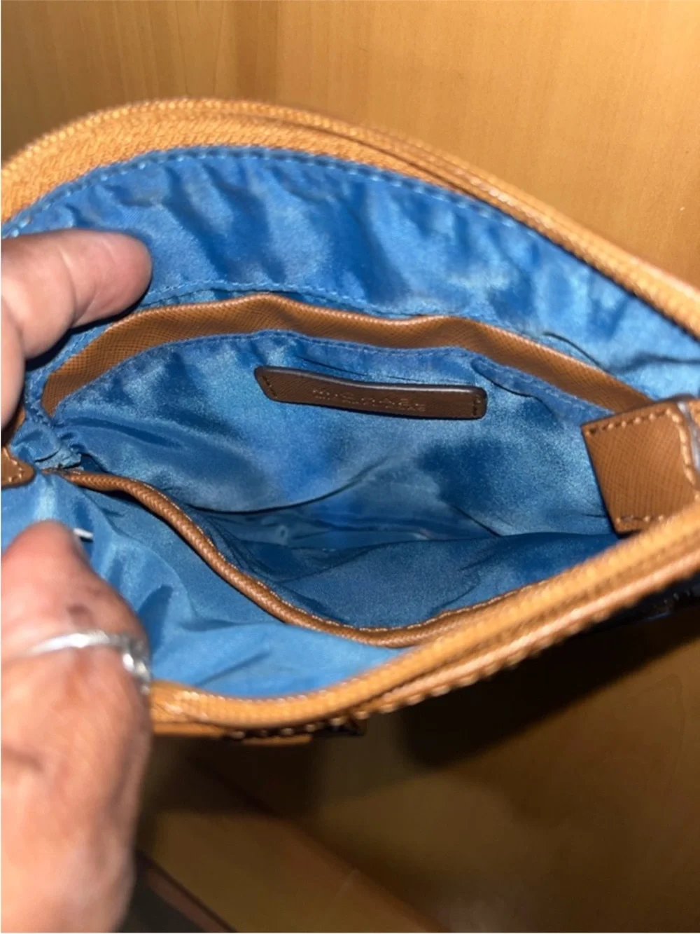 Michael Kors Light Blue Crossbody with Brown Trim and Logo Hardware - Picture 3 of 5